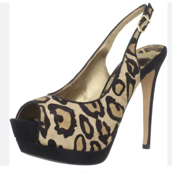 Sam Edelman Penelope Calf Hair Leather Nude Leopard Pump Peep Toe Heel 7.5 7 1/2 - Picture 8 of 16